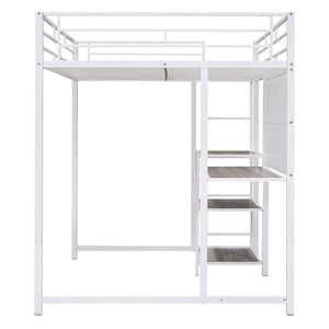 HomeRoots White Steel Loft Bed with Desk & Shelves – Maximize Space in Small Rooms, Ideal for Dorms & Families 590292