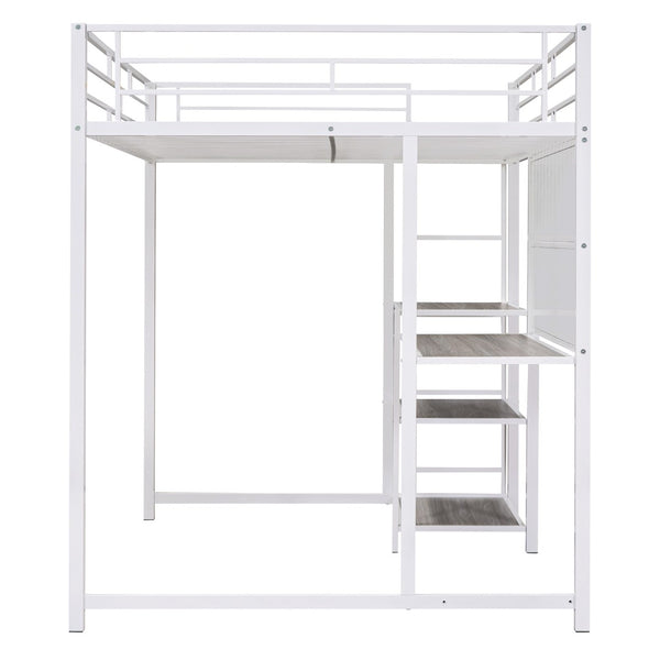 HomeRoots White Steel Loft Bed with Desk & Shelves – Maximize Space in Small Rooms, Ideal for Dorms & Families 590292