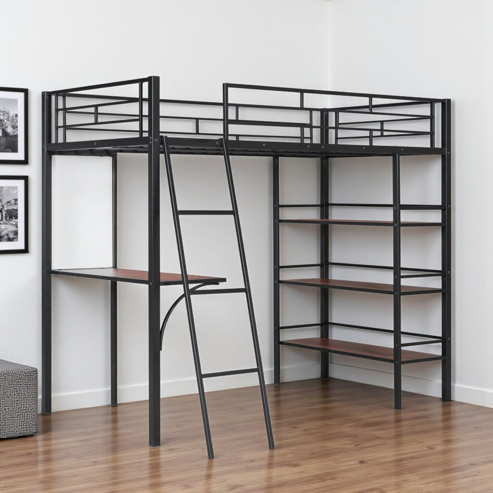 HomeRoots Black Twin Loft Bed with Desk & Shelves – Modern Space-Saving Design in Stylish Black & Brown Finish 590293
