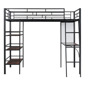 HomeRoots Black Twin Loft Bed with Desk & Shelves – Modern Space-Saving Design in Stylish Black & Brown Finish 590293