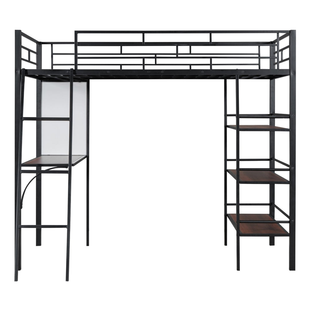HomeRoots Black Twin Loft Bed with Desk & Shelves – Modern Space-Saving Design in Stylish Black & Brown Finish 590293