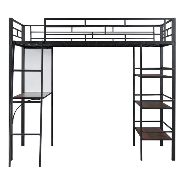 HomeRoots Black Twin Loft Bed with Desk & Shelves – Modern Space-Saving Design in Stylish Black & Brown Finish 590293