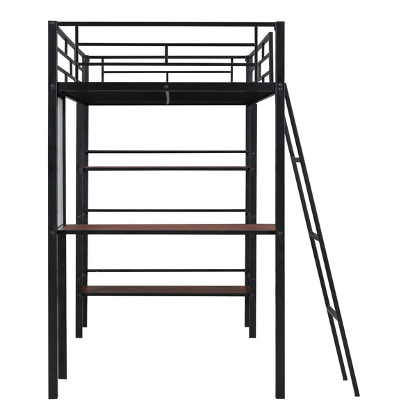 HomeRoots Black Twin Loft Bed with Desk & Shelves – Modern Space-Saving Design in Stylish Black & Brown Finish 590293