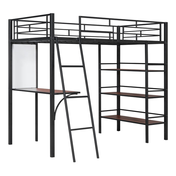 HomeRoots Black Twin Loft Bed with Desk & Shelves – Modern Space-Saving Design in Stylish Black & Brown Finish 590293
