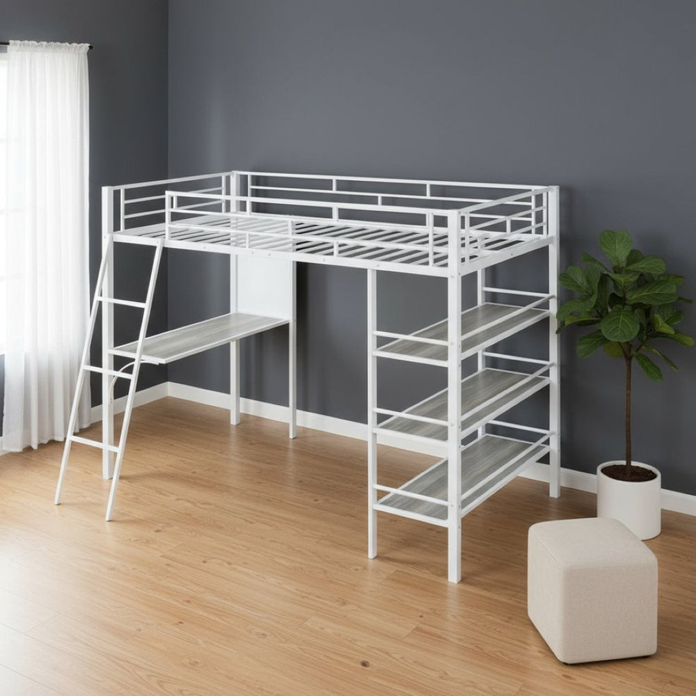 HomeRoots Natural Twin Loft Bed with Desk & Shelving - Stylish Two-Tone Wood & Metal Design for Kids' Rooms 590294