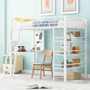 HomeRoots Natural Twin Loft Bed with Desk & Shelving - Stylish Two-Tone Wood & Metal Design for Kids' Rooms 590294