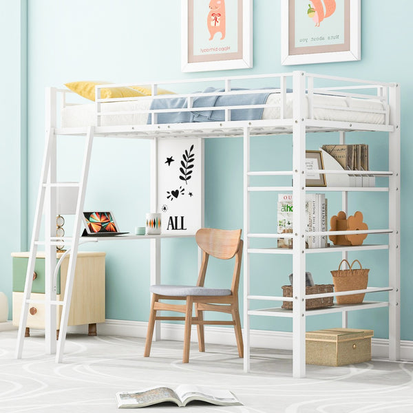 HomeRoots Natural Twin Loft Bed with Desk & Shelving - Stylish Two-Tone Wood & Metal Design for Kids' Rooms 590294