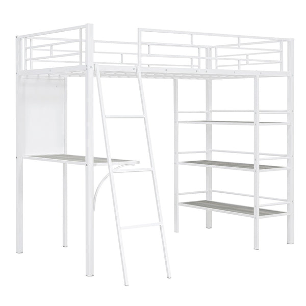 HomeRoots Natural Twin Loft Bed with Desk & Shelving - Stylish Two-Tone Wood & Metal Design for Kids' Rooms 590294