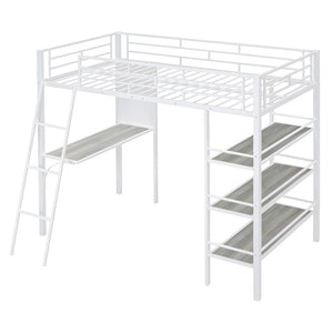 HomeRoots Natural Twin Loft Bed with Desk & Shelving - Stylish Two-Tone Wood & Metal Design for Kids' Rooms 590294