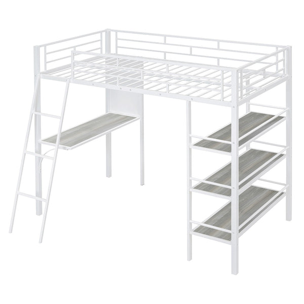 HomeRoots Natural Twin Loft Bed with Desk & Shelving - Stylish Two-Tone Wood & Metal Design for Kids' Rooms 590294