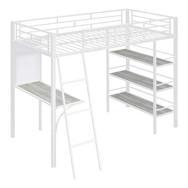 HomeRoots Natural Twin Loft Bed with Desk & Shelving - Stylish Two-Tone Wood & Metal Design for Kids' Rooms 590294