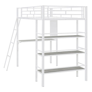 HomeRoots Natural Twin Loft Bed with Desk & Shelving - Stylish Two-Tone Wood & Metal Design for Kids' Rooms 590294
