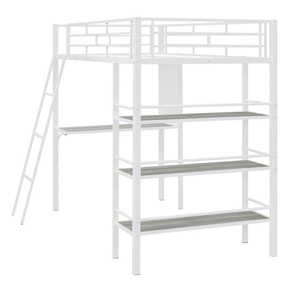 HomeRoots Natural Twin Loft Bed with Desk & Shelving - Stylish Two-Tone Wood & Metal Design for Kids' Rooms 590294
