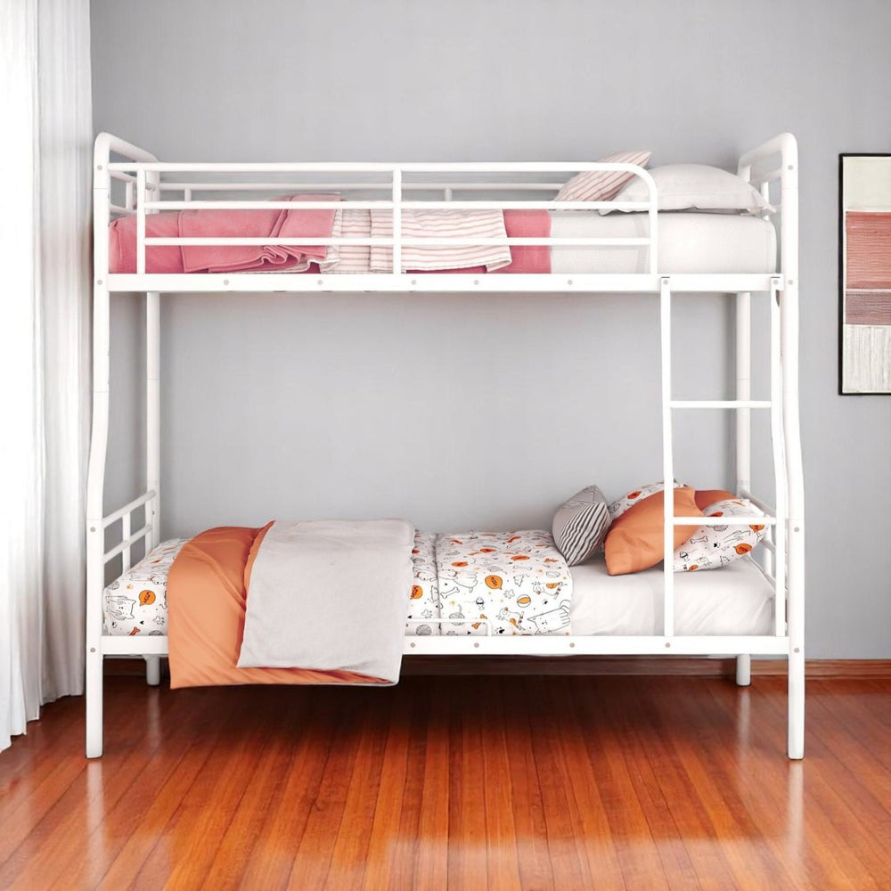 HomeRoots White Contemporary Metal Bunk Bed for Full XL Over Queen - Stylish, Space-Saving Solution for Kids 590296