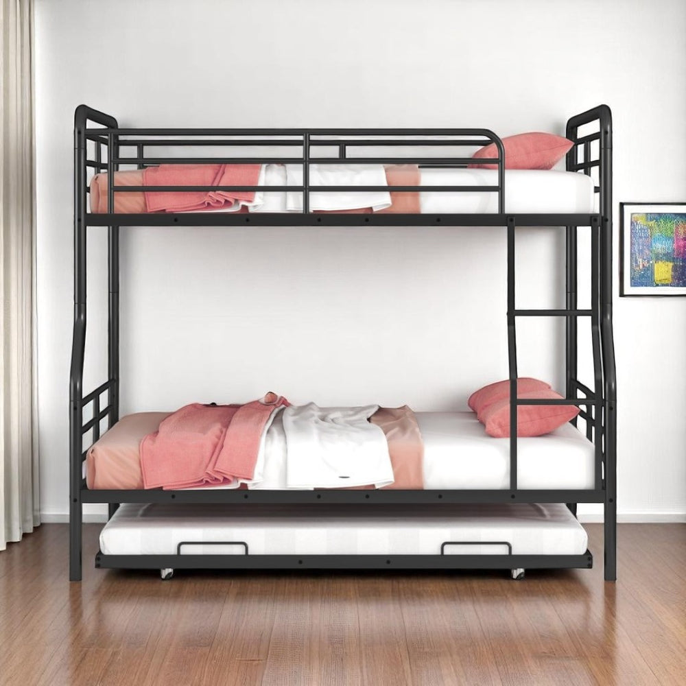 HomeRoots Black Contemporary Metal Bunk Bed with Trundle - Full XL Over Queen Design for Space-Saving Style 590297