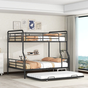 HomeRoots Black Contemporary Metal Bunk Bed with Trundle - Full XL Over Queen Design for Space-Saving Style 590297