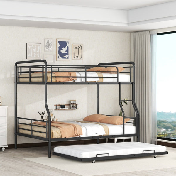HomeRoots Black Contemporary Metal Bunk Bed with Trundle - Full XL Over Queen Design for Space-Saving Style 590297
