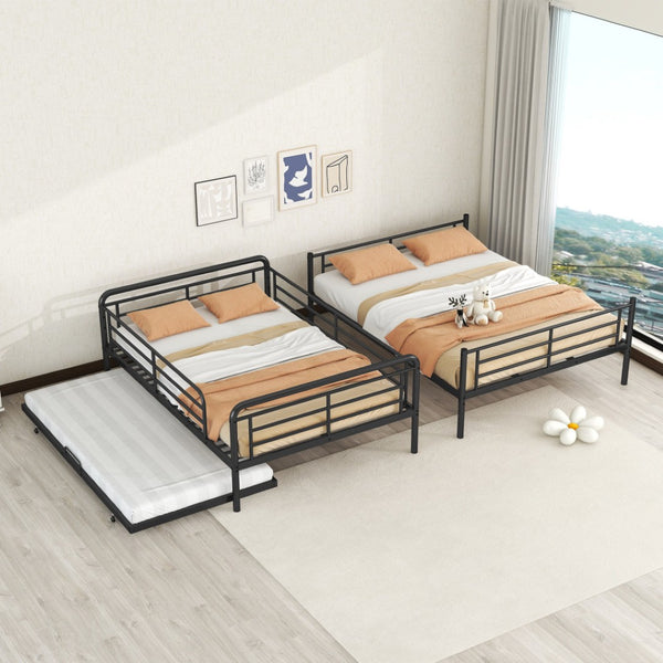HomeRoots Black Contemporary Metal Bunk Bed with Trundle - Full XL Over Queen Design for Space-Saving Style 590297