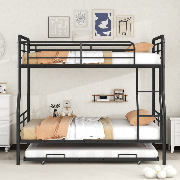 HomeRoots Black Contemporary Metal Bunk Bed with Trundle - Full XL Over Queen Design for Space-Saving Style 590297