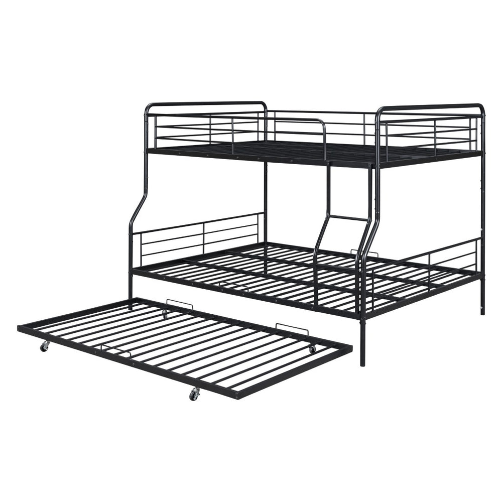 HomeRoots Black Contemporary Metal Bunk Bed with Trundle - Full XL Over Queen Design for Space-Saving Style 590297