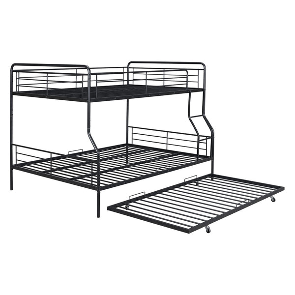 HomeRoots Black Contemporary Metal Bunk Bed with Trundle - Full XL Over Queen Design for Space-Saving Style 590297