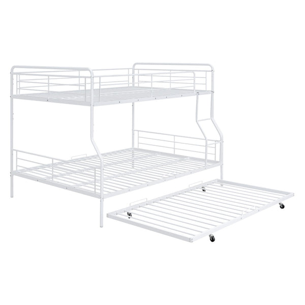 HomeRoots White Metal Bunk Bed with Roll-Out Trundle - Space-Saving Full XL Over Queen Design for Kids & Guests 590298