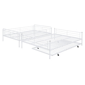 HomeRoots White Metal Bunk Bed with Roll-Out Trundle - Space-Saving Full XL Over Queen Design for Kids & Guests 590298