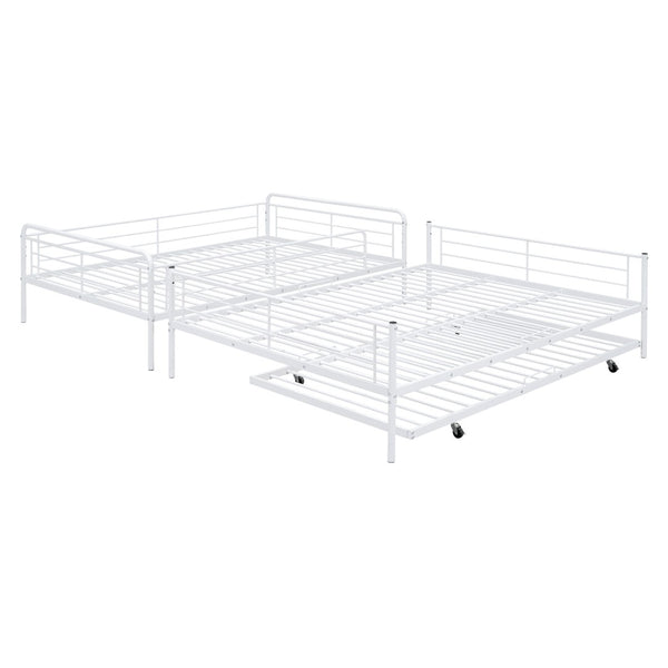 HomeRoots White Metal Bunk Bed with Roll-Out Trundle - Space-Saving Full XL Over Queen Design for Kids & Guests 590298