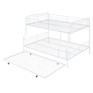 HomeRoots White Metal Bunk Bed with Roll-Out Trundle - Space-Saving Full XL Over Queen Design for Kids & Guests 590298