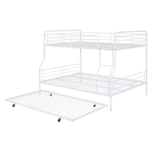 HomeRoots White Metal Bunk Bed with Roll-Out Trundle - Space-Saving Full XL Over Queen Design for Kids & Guests 590298