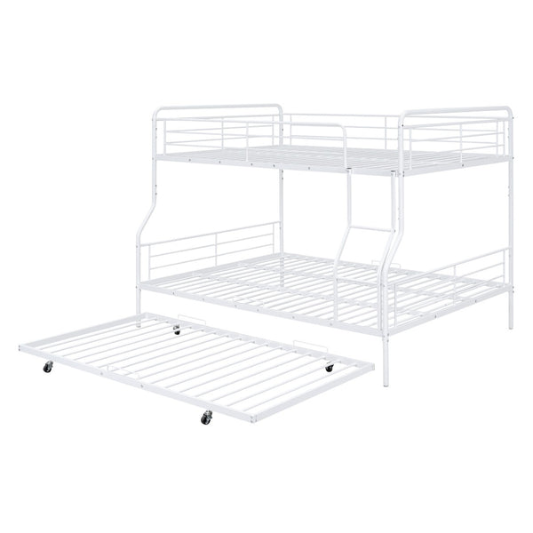 HomeRoots White Metal Bunk Bed with Roll-Out Trundle - Space-Saving Full XL Over Queen Design for Kids & Guests 590298