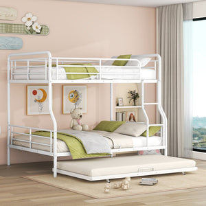 HomeRoots White Metal Bunk Bed with Roll-Out Trundle - Space-Saving Full XL Over Queen Design for Kids & Guests 590298