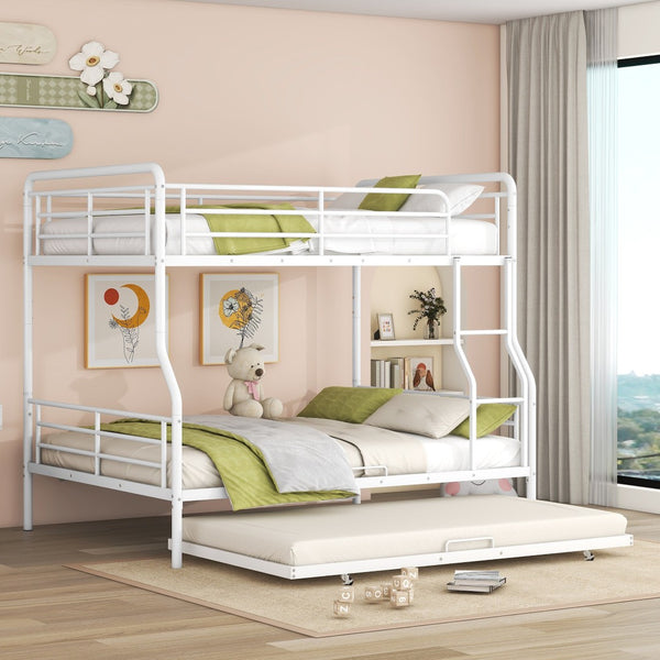 HomeRoots White Metal Bunk Bed with Roll-Out Trundle - Space-Saving Full XL Over Queen Design for Kids & Guests 590298
