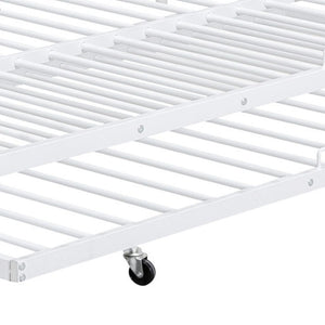 HomeRoots White Metal Bunk Bed with Roll-Out Trundle - Space-Saving Full XL Over Queen Design for Kids & Guests 590298