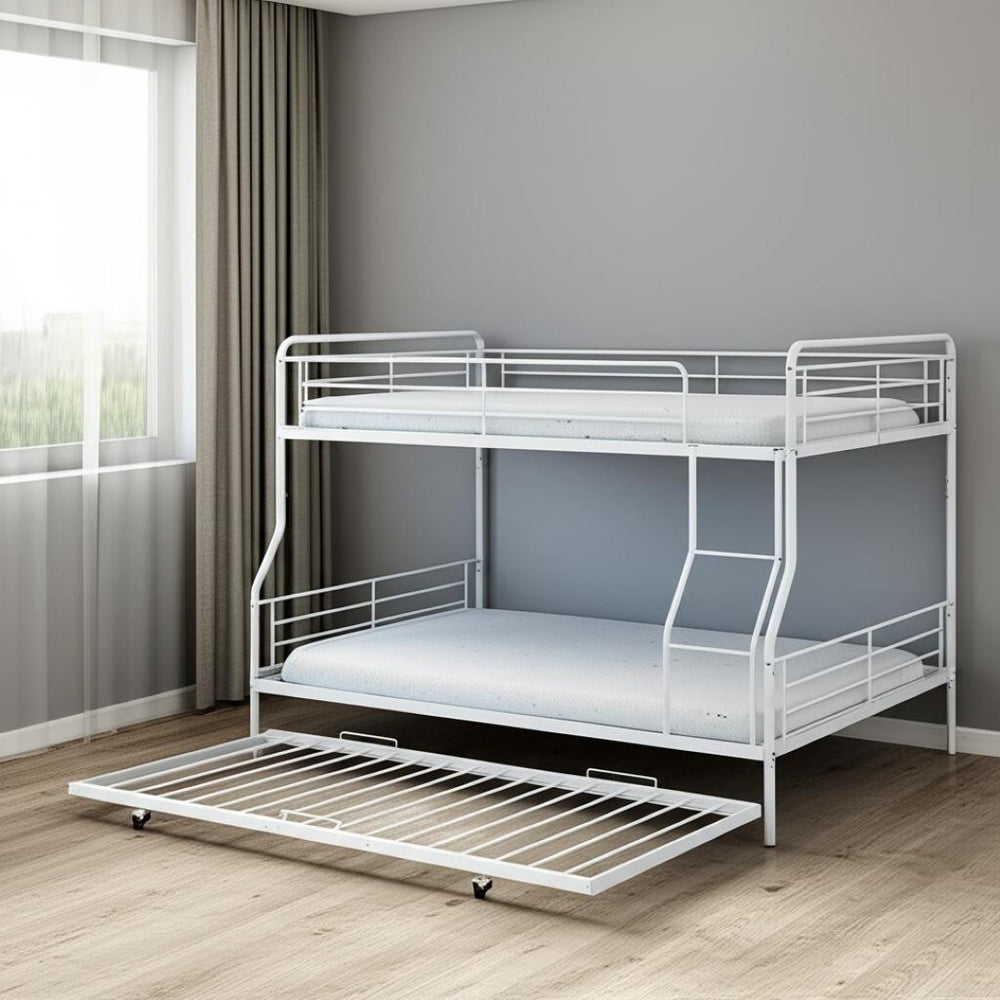 HomeRoots White Metal Bunk Bed with Roll-Out Trundle - Space-Saving Full XL Over Queen Design for Kids & Guests 590298