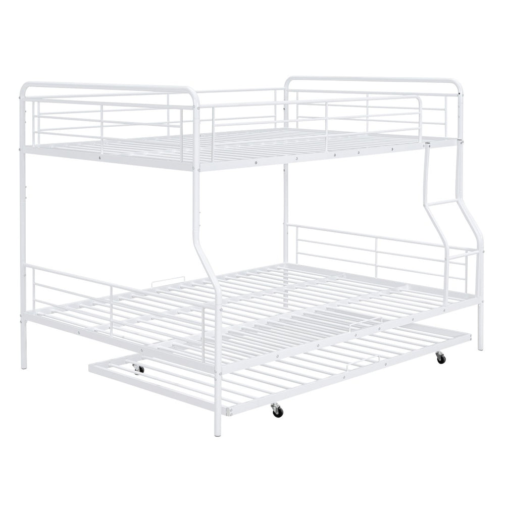 HomeRoots White Metal Bunk Bed with Roll-Out Trundle - Space-Saving Full XL Over Queen Design for Kids & Guests 590298