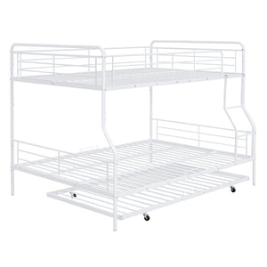 HomeRoots White Metal Bunk Bed with Roll-Out Trundle - Space-Saving Full XL Over Queen Design for Kids & Guests 590298