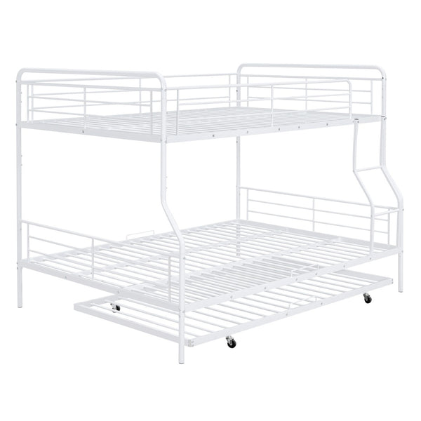 HomeRoots White Metal Bunk Bed with Roll-Out Trundle - Space-Saving Full XL Over Queen Design for Kids & Guests 590298