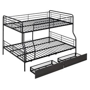 HomeRoots Black Contemporary Metal Full-Over-Queen Bunk Bed with Drawers, Space-Saving Design & Safety Features 590299