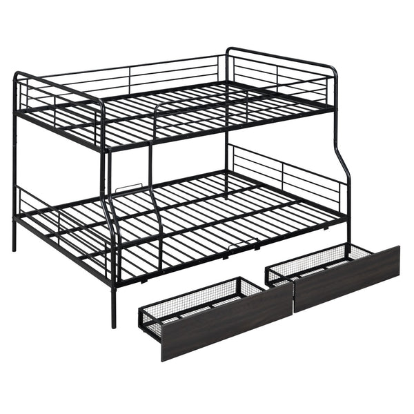 HomeRoots Black Contemporary Metal Full-Over-Queen Bunk Bed with Drawers, Space-Saving Design & Safety Features 590299