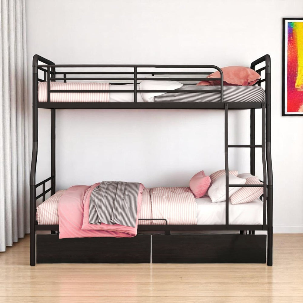 HomeRoots Black Contemporary Metal Full-Over-Queen Bunk Bed with Drawers, Space-Saving Design & Safety Features 590299