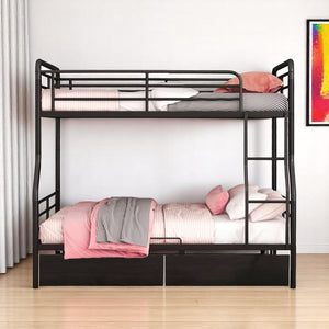 HomeRoots Black Contemporary Metal Full-Over-Queen Bunk Bed with Drawers, Space-Saving Design & Safety Features 590299
