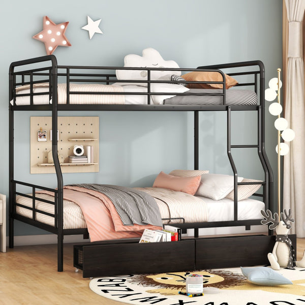 HomeRoots Black Contemporary Metal Full-Over-Queen Bunk Bed with Drawers, Space-Saving Design & Safety Features 590299