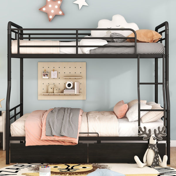 HomeRoots Black Contemporary Metal Full-Over-Queen Bunk Bed with Drawers, Space-Saving Design & Safety Features 590299