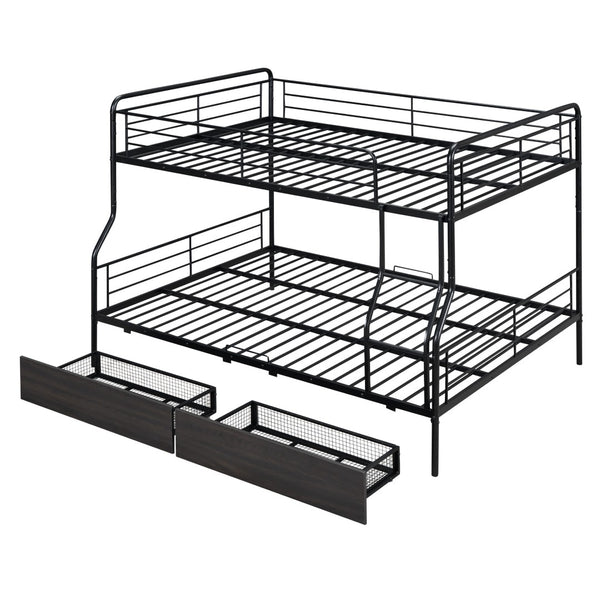 HomeRoots Black Contemporary Metal Full-Over-Queen Bunk Bed with Drawers, Space-Saving Design & Safety Features 590299