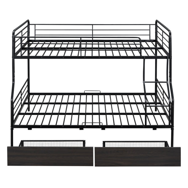 HomeRoots Black Contemporary Metal Full-Over-Queen Bunk Bed with Drawers, Space-Saving Design & Safety Features 590299