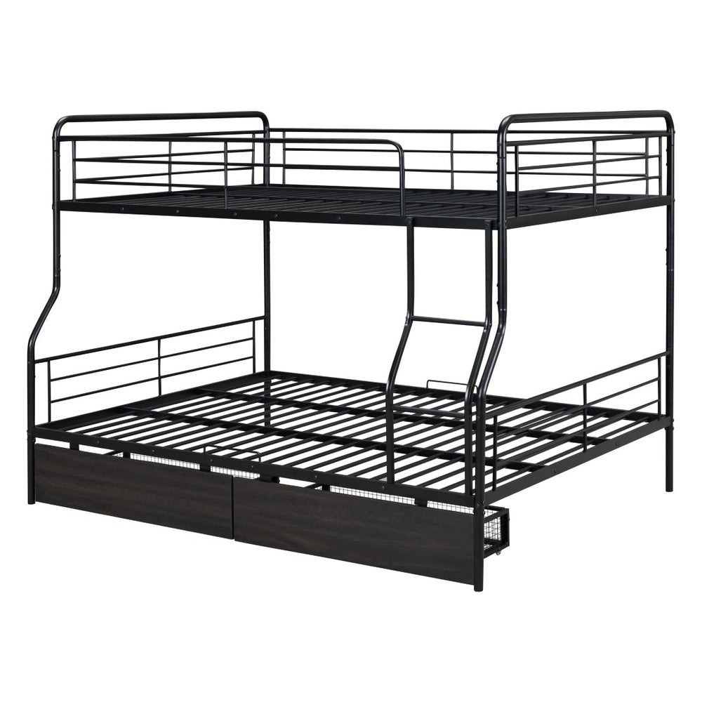 HomeRoots Black Contemporary Metal Full-Over-Queen Bunk Bed with Drawers, Space-Saving Design & Safety Features 590299