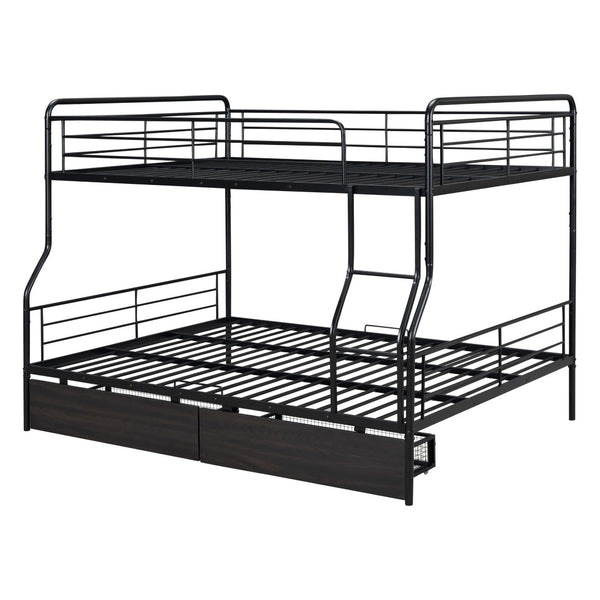 HomeRoots Black Contemporary Metal Full-Over-Queen Bunk Bed with Drawers, Space-Saving Design & Safety Features 590299