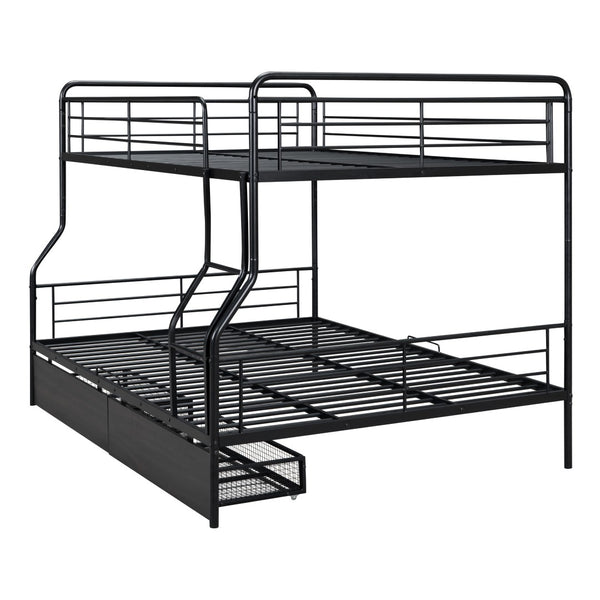 HomeRoots Black Contemporary Metal Full-Over-Queen Bunk Bed with Drawers, Space-Saving Design & Safety Features 590299