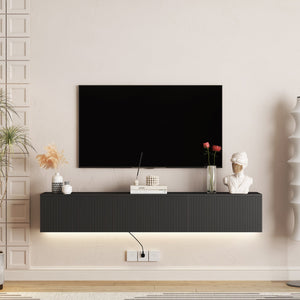 English Elm Floating TV Stand Wall Mounted with 16-Color LED Accent Lights, Modern 69" Floating Cabinet with Ample Storage and Sturdy MDF Build Black 74.8 L x 21.46 W x 5.51 H W1321P292553